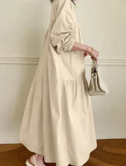 Hot Women's Casual Dress Maxi Dress Ruffle Hem Casual Split Neck Long Sleeve Black White Khaki Color Women White Dresses