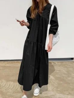 Hot Women's Casual Dress Maxi Dress Ruffle Hem Casual Split Neck Long Sleeve Black White Khaki Color Women White Dresses