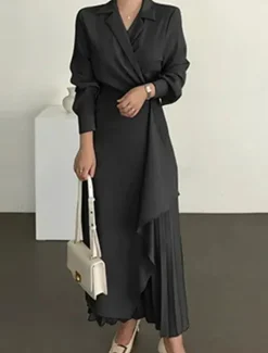 Best Women's Casual Dress Maxi long Dress Pleated Daily Elegant Fashion Shirt Collar Long Sleeve Black Brown Apricot Color Women Work Dresses