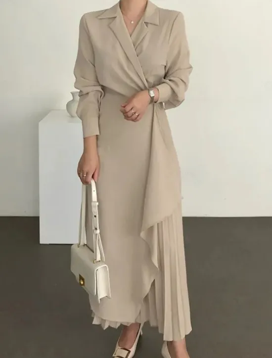 Best Women's Casual Dress Maxi long Dress Pleated Daily Elegant Fashion Shirt Collar Long Sleeve Black Brown Apricot Color Women Work Dresses