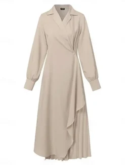 Best Women's Casual Dress Maxi long Dress Pleated Daily Elegant Fashion Shirt Collar Long Sleeve Black Brown Apricot Color Women Work Dresses