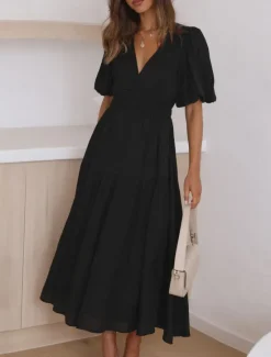 Online Women's Casual Dress Maxi Dress Ruched Casual V Neck Short Sleeve Black White Fuchsia Color Women White Dresses