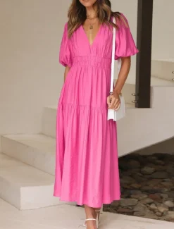 Online Women's Casual Dress Maxi Dress Ruched Casual V Neck Short Sleeve Black White Fuchsia Color Women White Dresses
