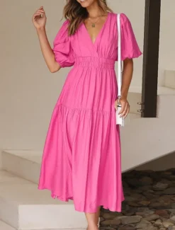 Online Women's Casual Dress Maxi Dress Ruched Casual V Neck Short Sleeve Black White Fuchsia Color Women White Dresses