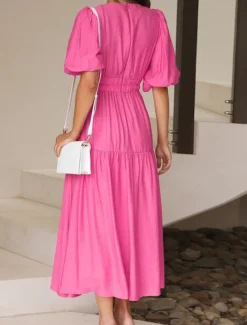 Online Women's Casual Dress Maxi Dress Ruched Casual V Neck Short Sleeve Black White Fuchsia Color Women White Dresses