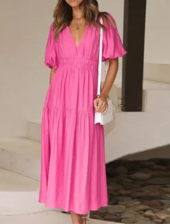 Online Women's Casual Dress Maxi Dress Ruched Casual V Neck Short Sleeve Black White Fuchsia Color Women White Dresses