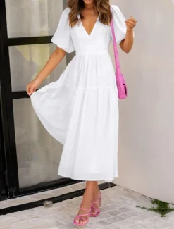 Online Women's Casual Dress Maxi Dress Ruched Casual V Neck Short Sleeve Black White Fuchsia Color Women White Dresses