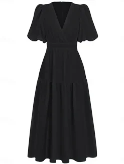 Online Women's Casual Dress Maxi Dress Ruched Casual V Neck Short Sleeve Black White Fuchsia Color Women White Dresses