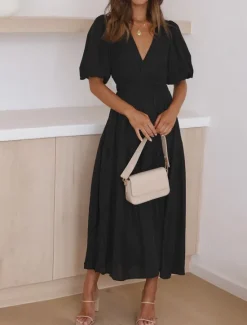 Online Women's Casual Dress Maxi Dress Ruched Casual V Neck Short Sleeve Black White Fuchsia Color Women White Dresses