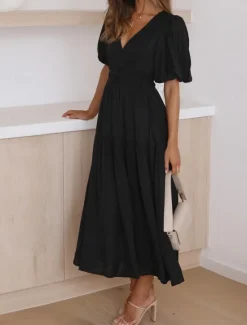 Online Women's Casual Dress Maxi Dress Ruched Casual V Neck Short Sleeve Black White Fuchsia Color Women White Dresses