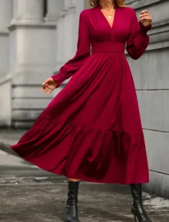 Hot Women's Casual Dress Midi Dress Ruffle Casual V Neck Long Sleeve Black Wine Khaki Color Women Work Dresses