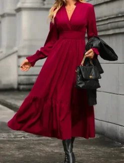 Hot Women's Casual Dress Midi Dress Ruffle Casual V Neck Long Sleeve Black Wine Khaki Color Women Work Dresses