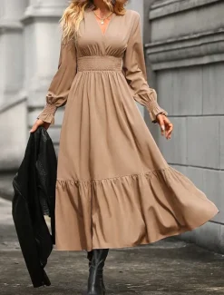Hot Women's Casual Dress Midi Dress Ruffle Casual V Neck Long Sleeve Black Wine Khaki Color Women Work Dresses