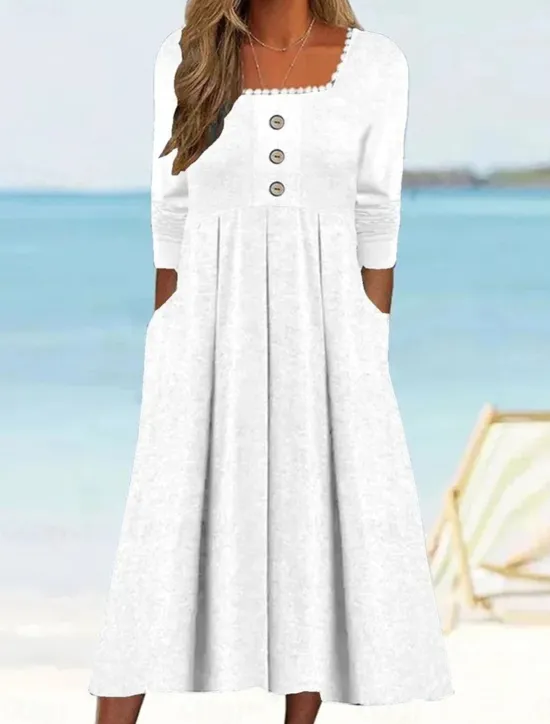 Online Women's Casual Dress Midi Dress Patchwork Button Vacation Streetwear Basic Square Neck 3/4 Length Sleeve Black White Wine Color Women Vacation Dresses