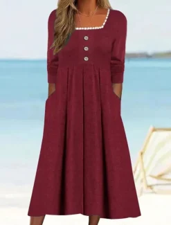 Online Women's Casual Dress Midi Dress Patchwork Button Vacation Streetwear Basic Square Neck 3/4 Length Sleeve Black White Wine Color Women Vacation Dresses