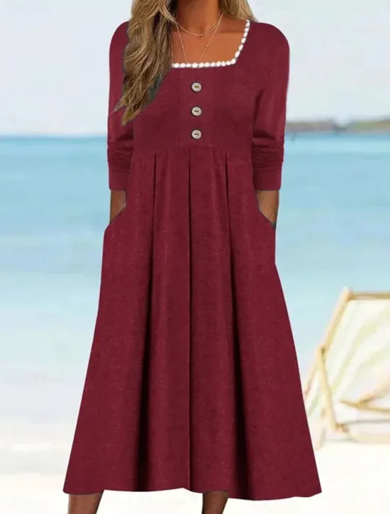 Online Women's Casual Dress Midi Dress Patchwork Button Vacation Streetwear Basic Square Neck 3/4 Length Sleeve Black White Wine Color Women Vacation Dresses