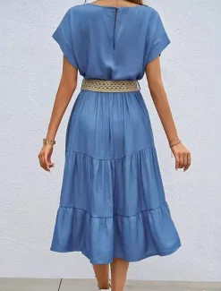 Online Women's Casual Dress Midi Dress Imitation Denim Ruched Casual Crew Neck Short Sleeve Color Without Belt Women Casual Dress