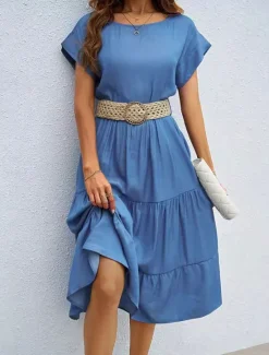 Online Women's Casual Dress Midi Dress Imitation Denim Ruched Casual Crew Neck Short Sleeve Color Without Belt Women Casual Dress