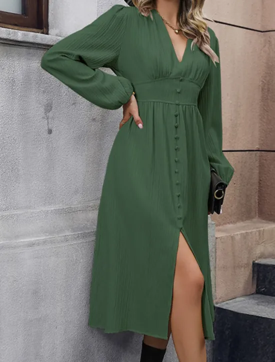 Online Women's Casual Dress Midi Dress Button Split Casual V Neck Long Sleeve Black Green Apricot Color Women Work Dresses