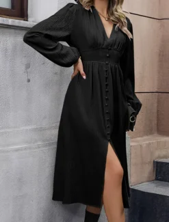 Online Women's Casual Dress Midi Dress Button Split Casual V Neck Long Sleeve Black Green Apricot Color Women Work Dresses