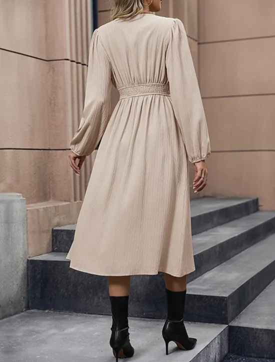 Online Women's Casual Dress Midi Dress Button Split Casual V Neck Long Sleeve Black Green Apricot Color Women Work Dresses