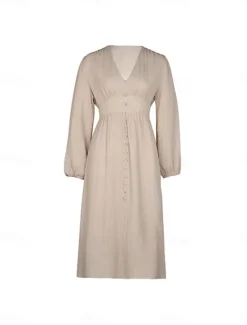 Online Women's Casual Dress Midi Dress Button Split Casual V Neck Long Sleeve Black Green Apricot Color Women Work Dresses
