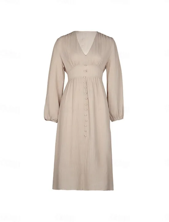 Online Women's Casual Dress Midi Dress Button Split Casual V Neck Long Sleeve Black Green Apricot Color Women Work Dresses