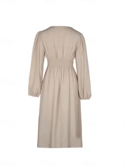 Online Women's Casual Dress Midi Dress Button Split Casual V Neck Long Sleeve Black Green Apricot Color Women Work Dresses