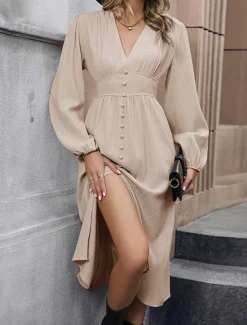 Online Women's Casual Dress Midi Dress Button Split Casual V Neck Long Sleeve Black Green Apricot Color Women Work Dresses