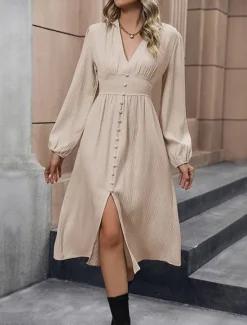 Online Women's Casual Dress Midi Dress Button Split Casual V Neck Long Sleeve Black Green Apricot Color Women Work Dresses