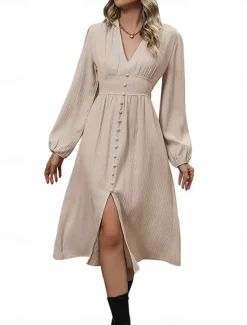Online Women's Casual Dress Midi Dress Button Split Casual V Neck Long Sleeve Black Green Apricot Color Women Work Dresses