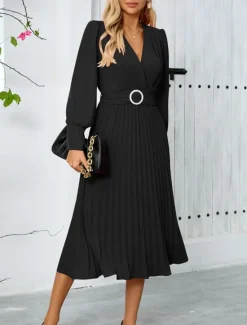 Women's Casual Dress Midi Dress Belted Casual V Neck Long Sleeve Black Green Color Women Work Dresses