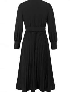 Women's Casual Dress Midi Dress Belted Casual V Neck Long Sleeve Black Green Color Women Work Dresses