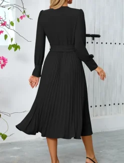 Women's Casual Dress Midi Dress Belted Casual V Neck Long Sleeve Black Green Color Women Work Dresses