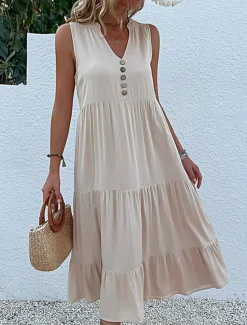 Women's Casual Dress Midi Dress Cotton Ruffle Button Basic V Neck Sleeveless Black Pink Green Color Women Casual Dress
