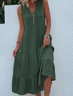 Women's Casual Dress Midi Dress Cotton Ruffle Button Basic V Neck Sleeveless Black Pink Green Color Women Casual Dress