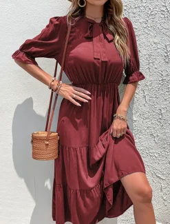 Sale Women's Casual Dress Midi Dress Ruffle Casual Stand Collar Half Sleeve Black Green Color Women Cocktail Dress