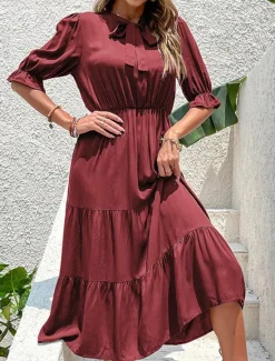 Sale Women's Casual Dress Midi Dress Ruffle Casual Stand Collar Half Sleeve Black Green Color Women Cocktail Dress