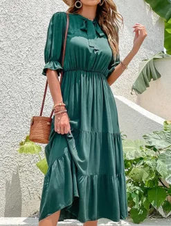 Sale Women's Casual Dress Midi Dress Ruffle Casual Stand Collar Half Sleeve Black Green Color Women Cocktail Dress
