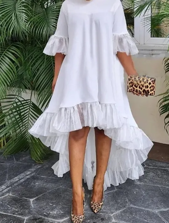Outlet Women's Casual Dress Midi Dress Plus High Low Ruffle Hem Casual Crew Neck 3/4 Length Sleeve Black White Yellow Color Women Cocktail Dress