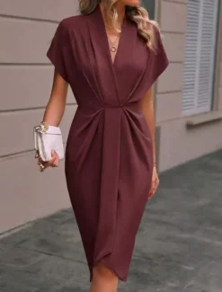 Sale Women's Casual Dress Midi Dress Ruched Date Vacation Streetwear Basic V Neck Short Sleeve Black Pink Dark Green Color Women Cocktail Dress