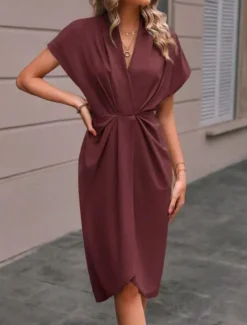 Sale Women's Casual Dress Midi Dress Ruched Date Vacation Streetwear Basic V Neck Short Sleeve Black Pink Dark Green Color Women Cocktail Dress
