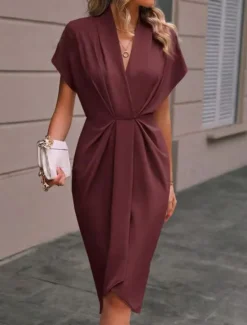 Sale Women's Casual Dress Midi Dress Ruched Date Vacation Streetwear Basic V Neck Short Sleeve Black Pink Dark Green Color Women Cocktail Dress