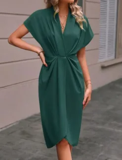 Sale Women's Casual Dress Midi Dress Ruched Date Vacation Streetwear Basic V Neck Short Sleeve Black Pink Dark Green Color Women Cocktail Dress