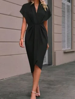 Sale Women's Casual Dress Midi Dress Ruched Date Vacation Streetwear Basic V Neck Short Sleeve Black Pink Dark Green Color Women Cocktail Dress