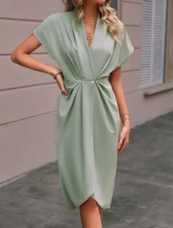 Sale Women's Casual Dress Midi Dress Ruched Date Vacation Streetwear Basic V Neck Short Sleeve Black Pink Dark Green Color Women Cocktail Dress