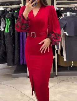 Online Women's Casual Dress Midi Dress Patchwork With Belt Casual V Neck Long Sleeve Color Women Work Dresses
