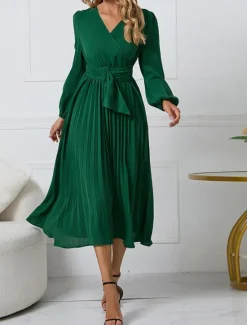 Women's Casual Dress Midi Dress Ruched With Belt Work Elegant V Neck Long Sleeve Black Red Blue Color Women Work Dresses