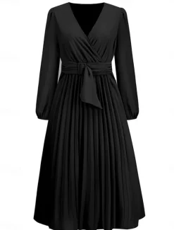 Women's Casual Dress Midi Dress Ruched With Belt Work Elegant V Neck Long Sleeve Black Red Blue Color Women Work Dresses