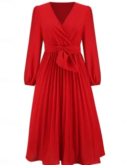 Women's Casual Dress Midi Dress Ruched With Belt Work Elegant V Neck Long Sleeve Black Red Blue Color Women Work Dresses
